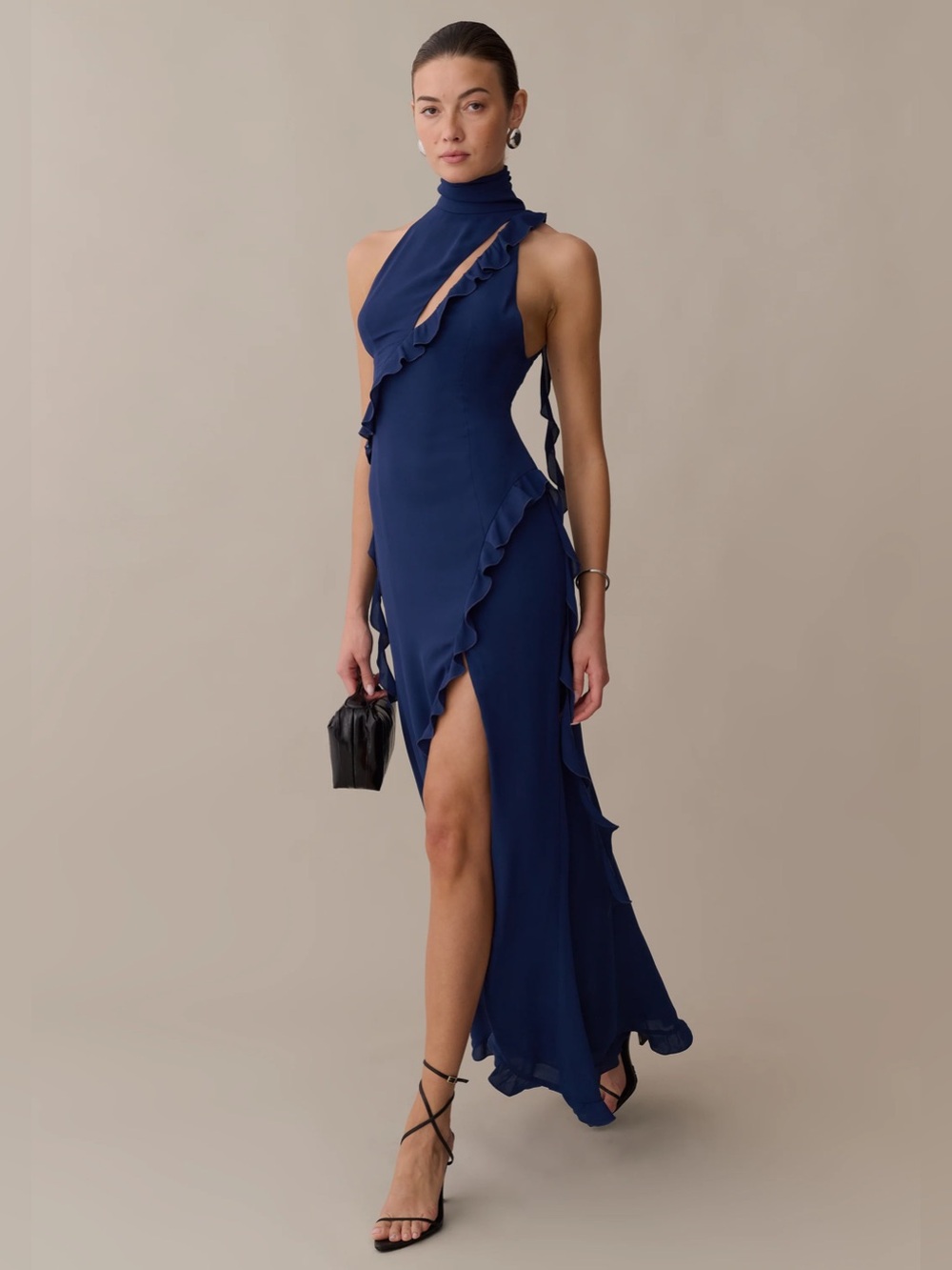 o.p.t. kourt Makenna Dress Navy Ruffle Halter Maxi Dress with Side Slit Sz S.